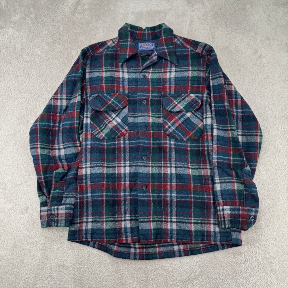 VTG 70s Pendleton Loop Collar Plaid Flannel Board Shirt Men M‎ Green Flaws Wool